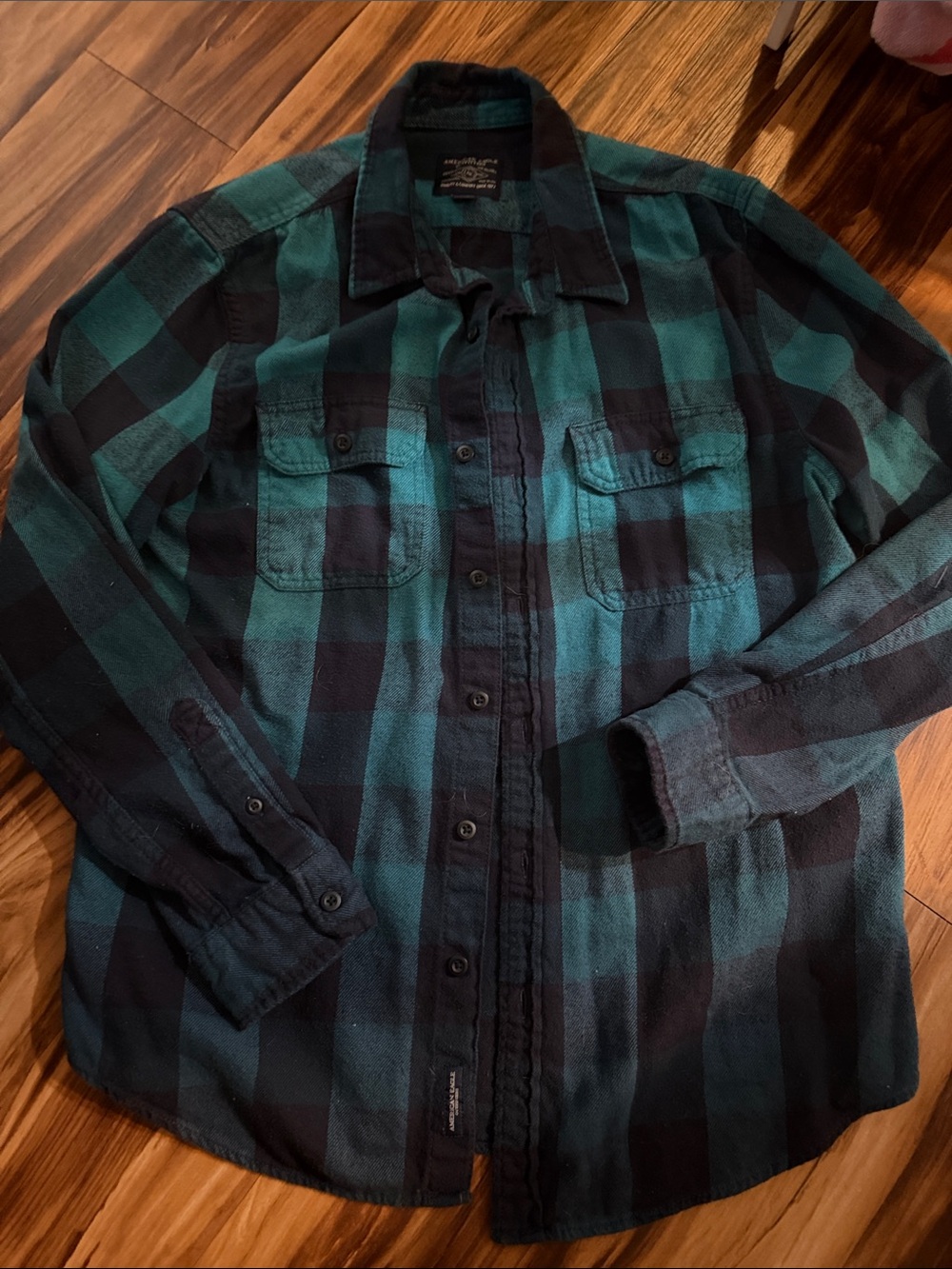 American Eagle Outfitters Teal and Black Plaid Flannel Shirt